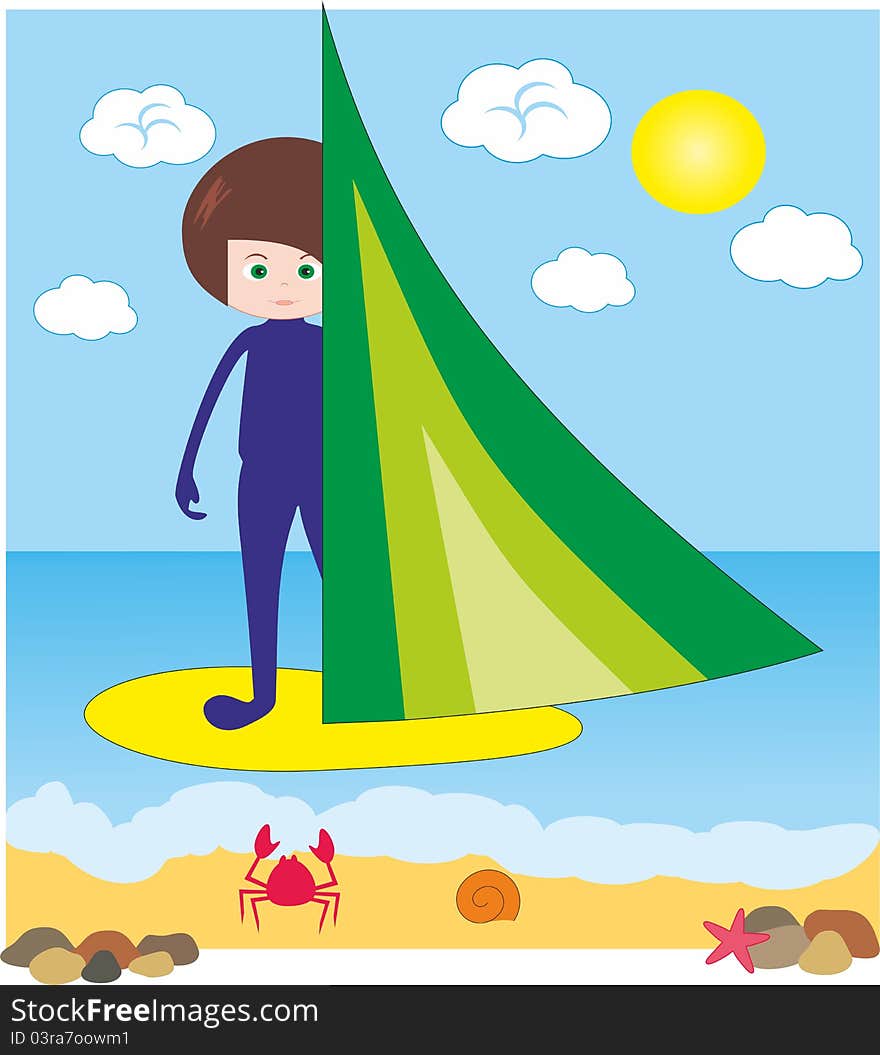 Boy on windsurfing in sea - cartoon playful illustration