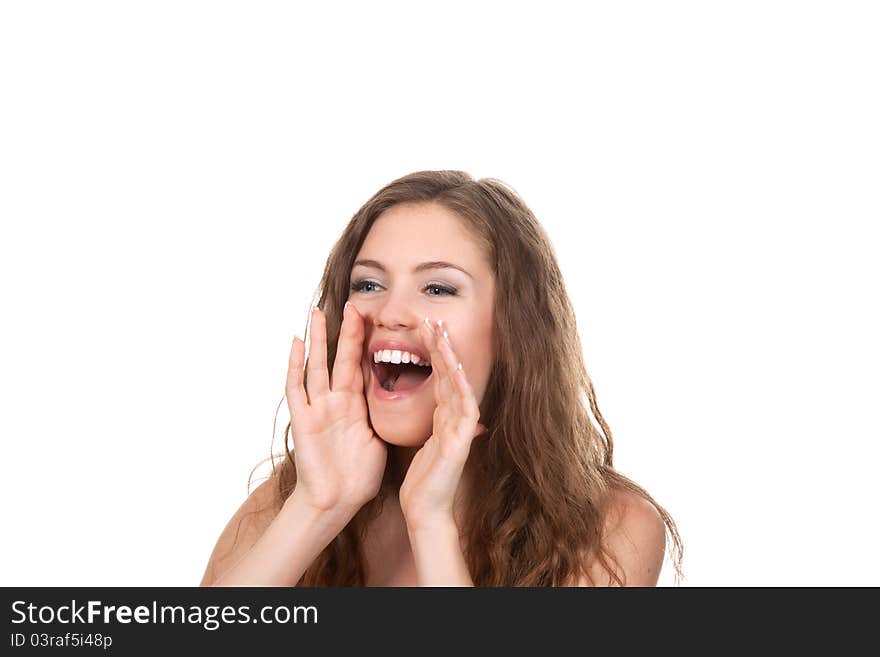 Portrait of pretty young beautiful woman loud screaming. Portrait of pretty young beautiful woman loud screaming