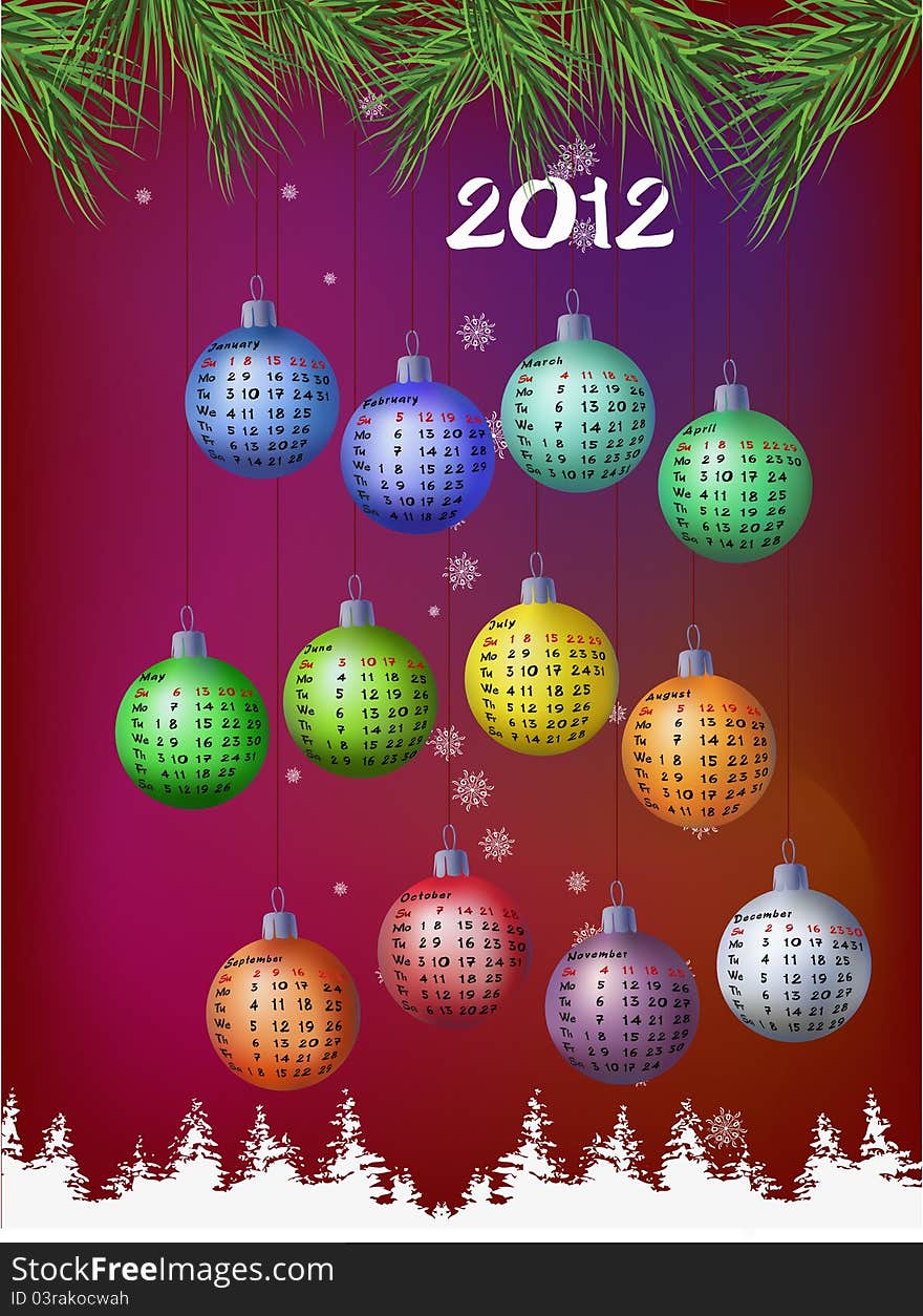 Vector illustration of calendar for year 2012 with month drawn on Christmas decoration balls. Vector illustration of calendar for year 2012 with month drawn on Christmas decoration balls.