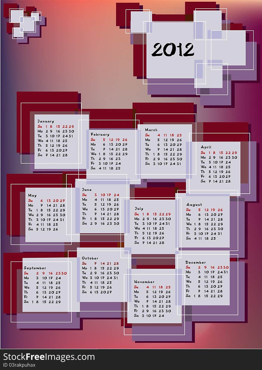 Calendar for year 2012 with months in rectangles. Vector illustration. Calendar for year 2012 with months in rectangles. Vector illustration.