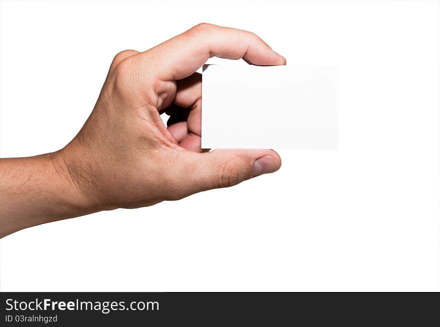 Man shows his business card.