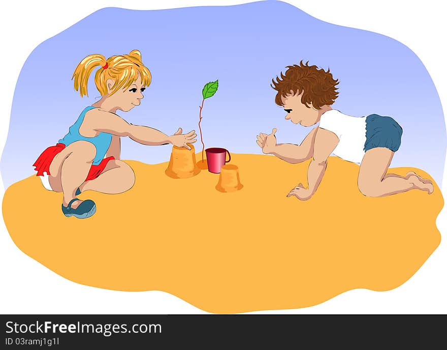 Children play sand on beach. Children play sand on beach