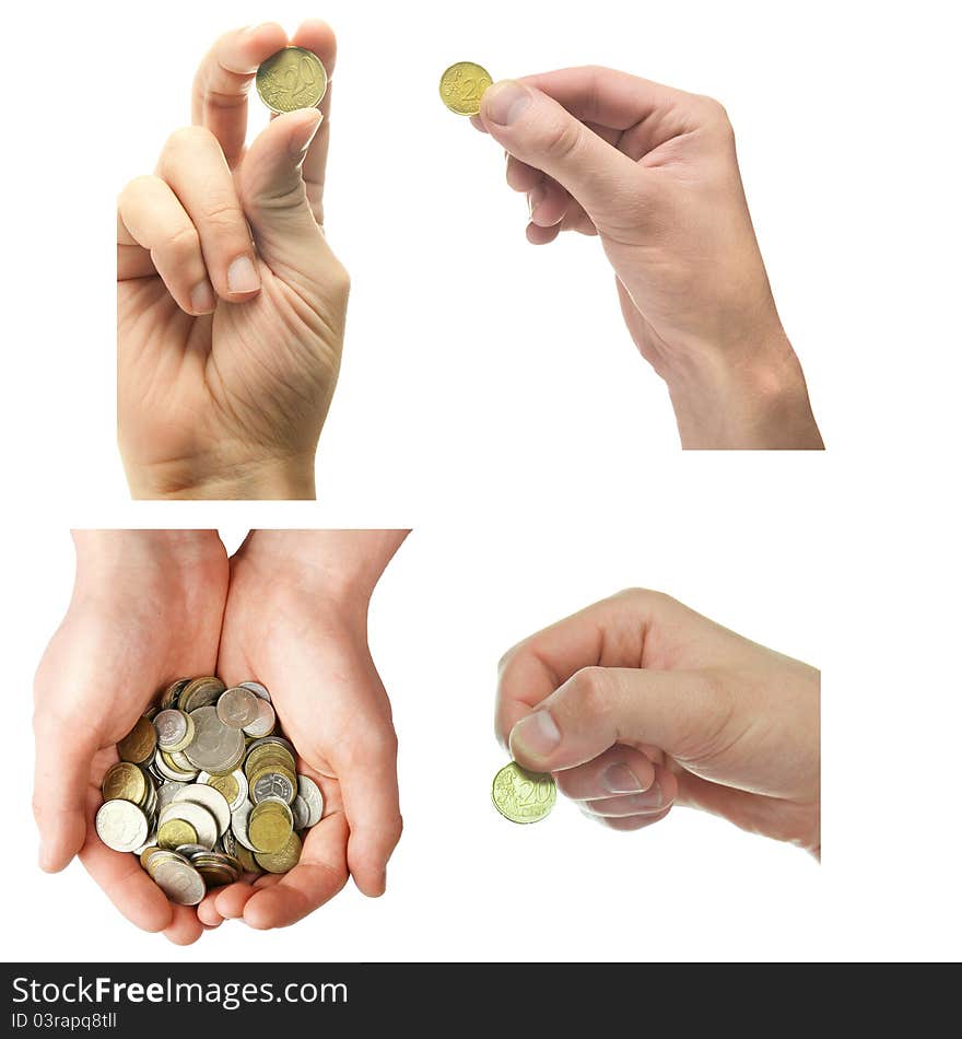 Hand and coins, isolated on white. collection. Hand and coins, isolated on white. collection.