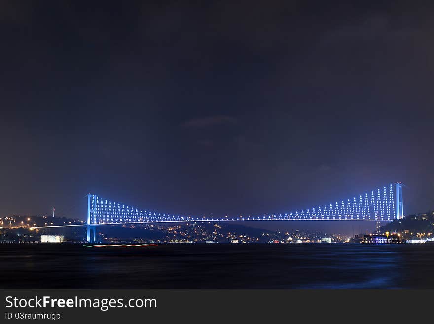 The marmara sea and the boshorus bridge at night