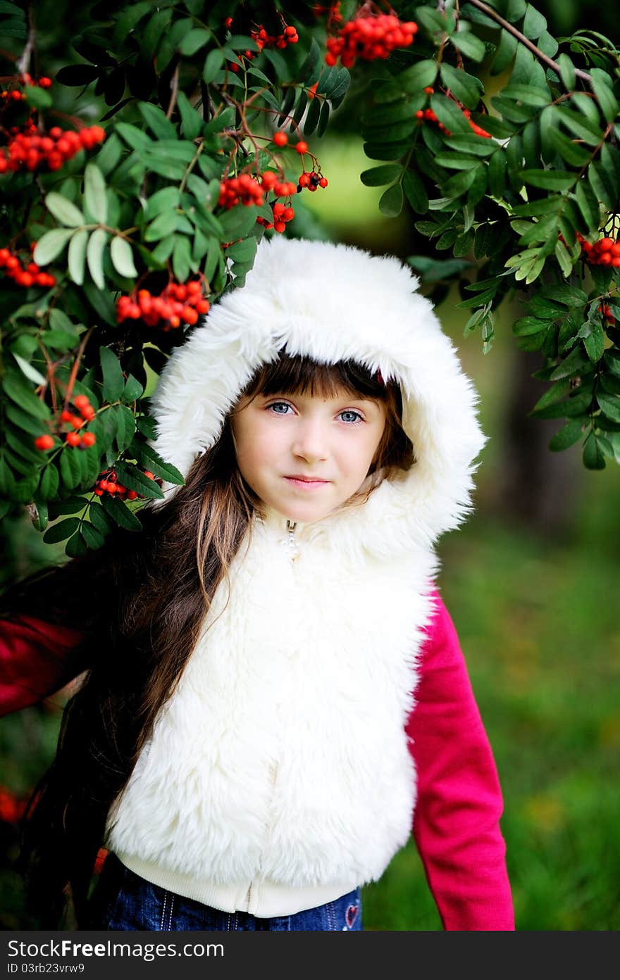 Cute little girl in fur coat under rowan tree