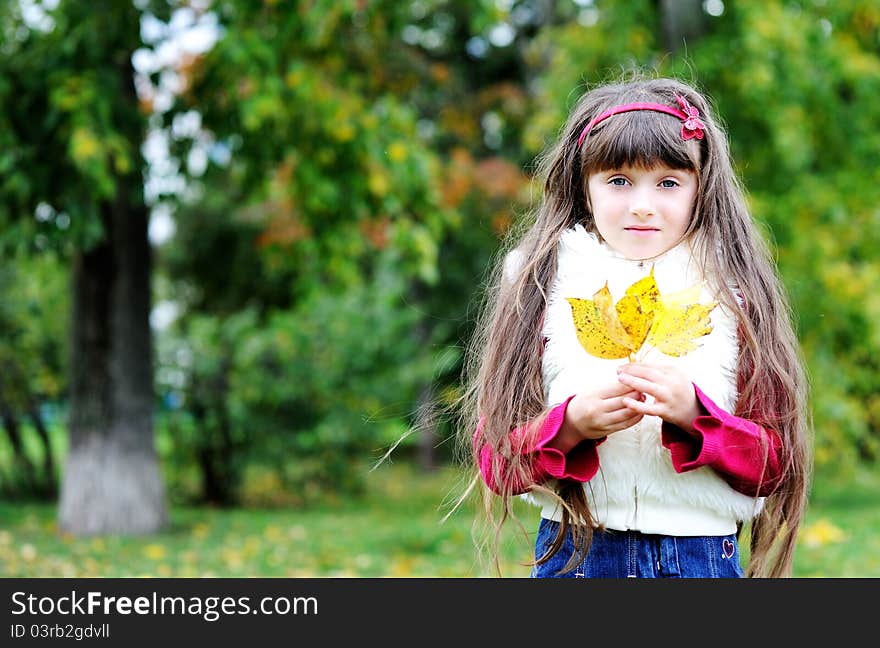 Portrait of cute little girl in autumn forest