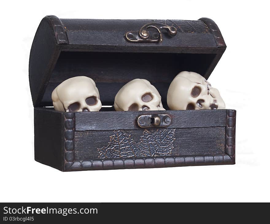 Human skulls in a wooden chest