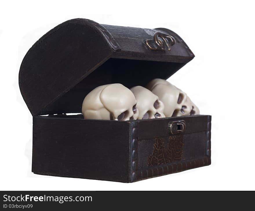 Human skulls in a wooden chest