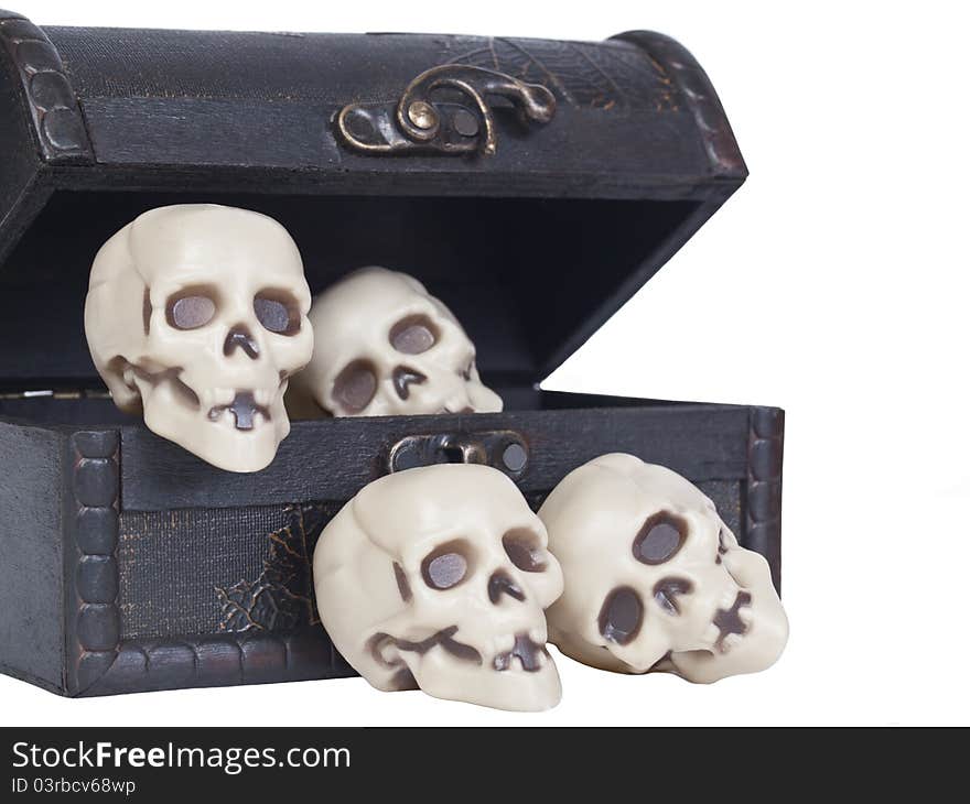 Human skulls in a wooden chest