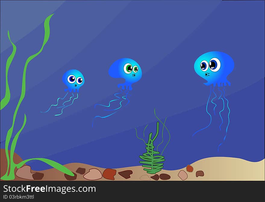 Big-eyed funny blue jellyfish.Vector illustration