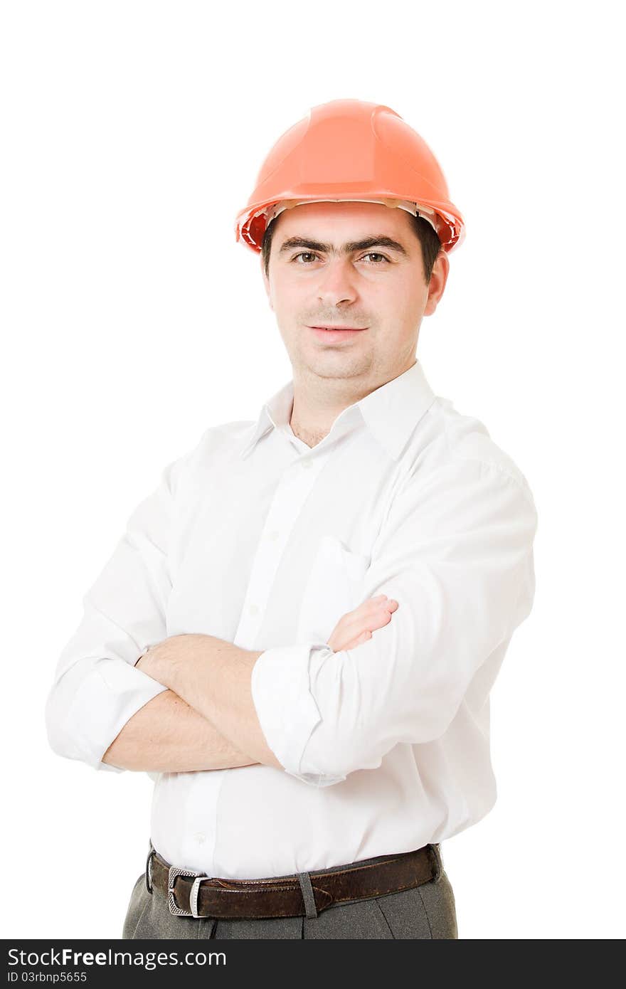 A successful businessman in the helmet on a white background. A successful businessman in the helmet on a white background