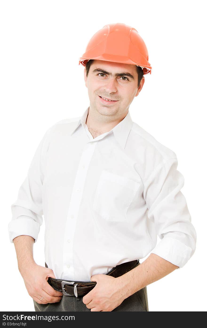 A successful businessman in the helmet on a white background. A successful businessman in the helmet on a white background