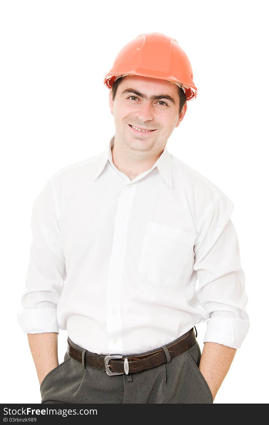 A successful businessman in the helmet on a white background. A successful businessman in the helmet on a white background