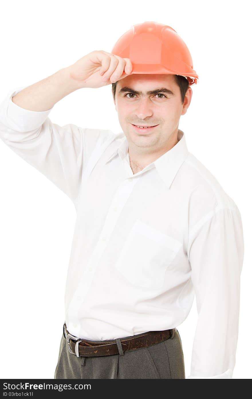 A successful businessman in the helmet on a white background. A successful businessman in the helmet on a white background