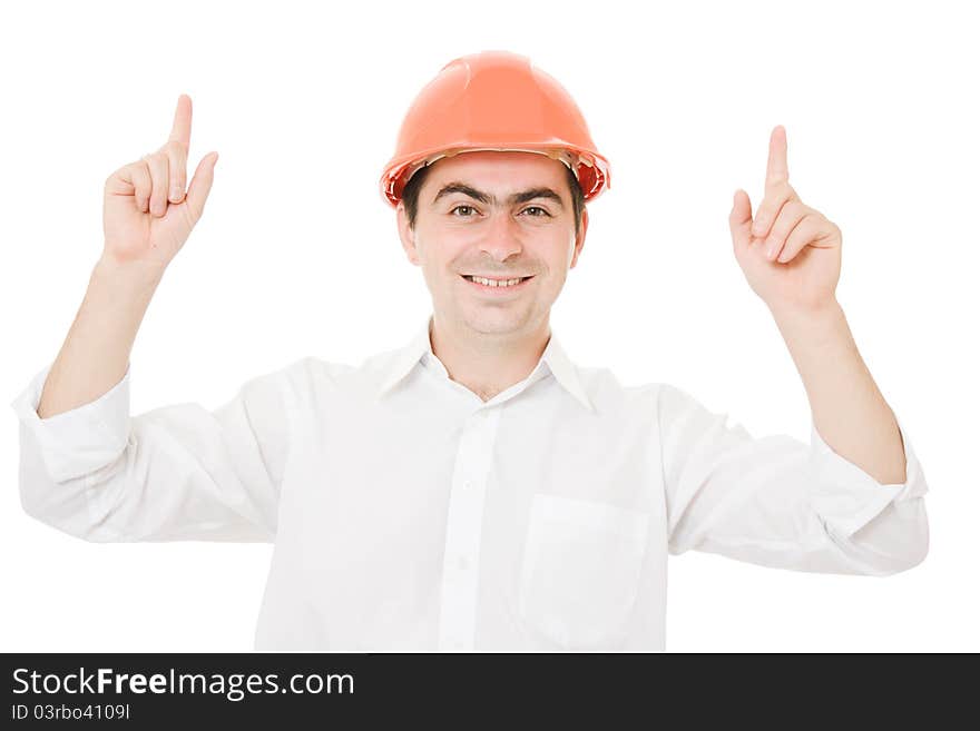 Businessman wearing a helmet shows up on a white background