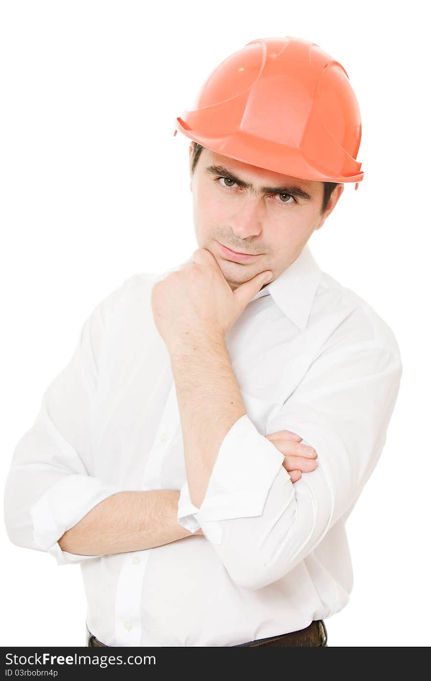 Thinking businessman in the helmet on a white background. Thinking businessman in the helmet on a white background