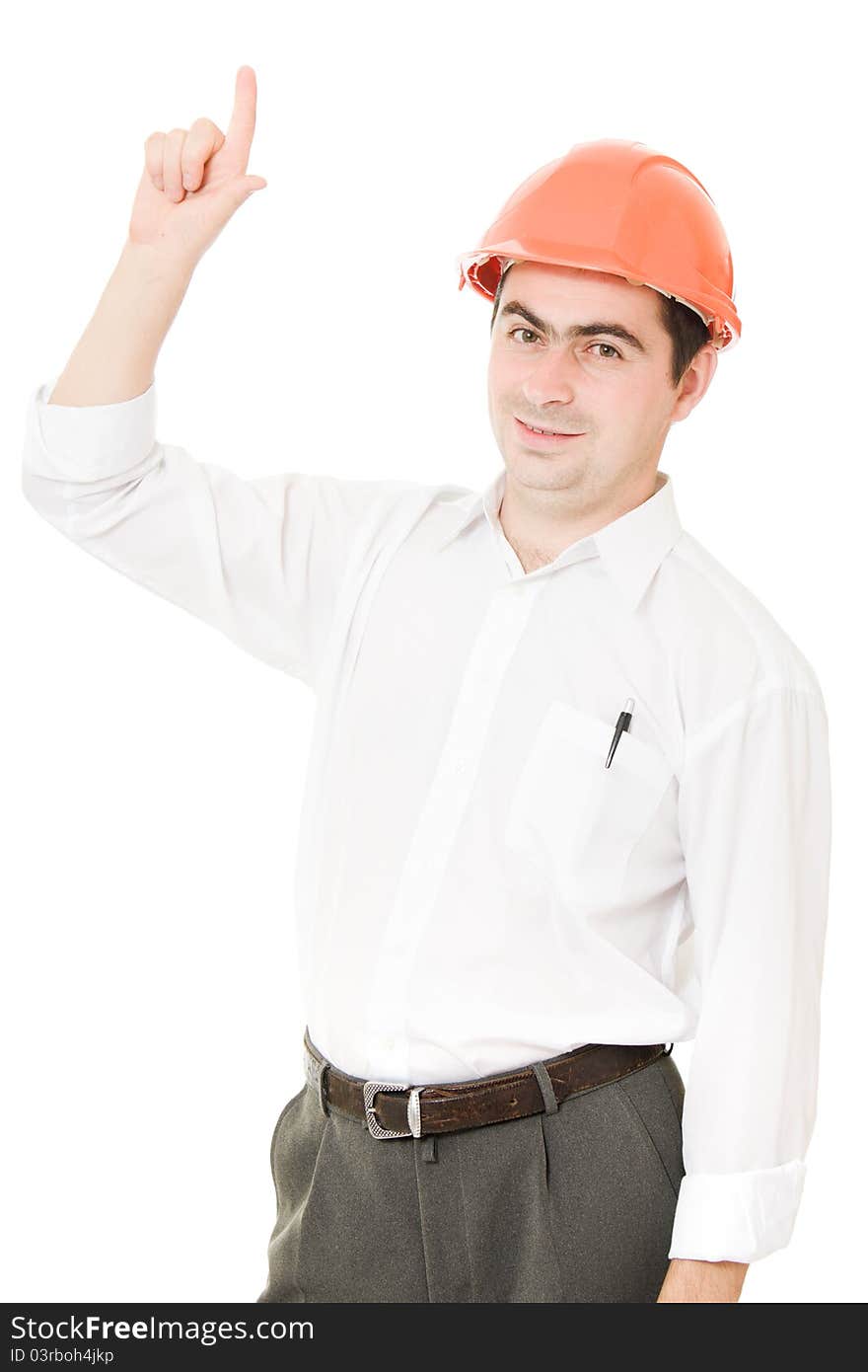 Businessman in helmet pointing up on a white background. Businessman in helmet pointing up on a white background