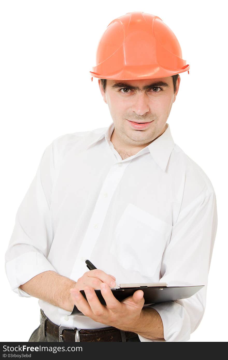 Busy businessman in his helmet on a white background.