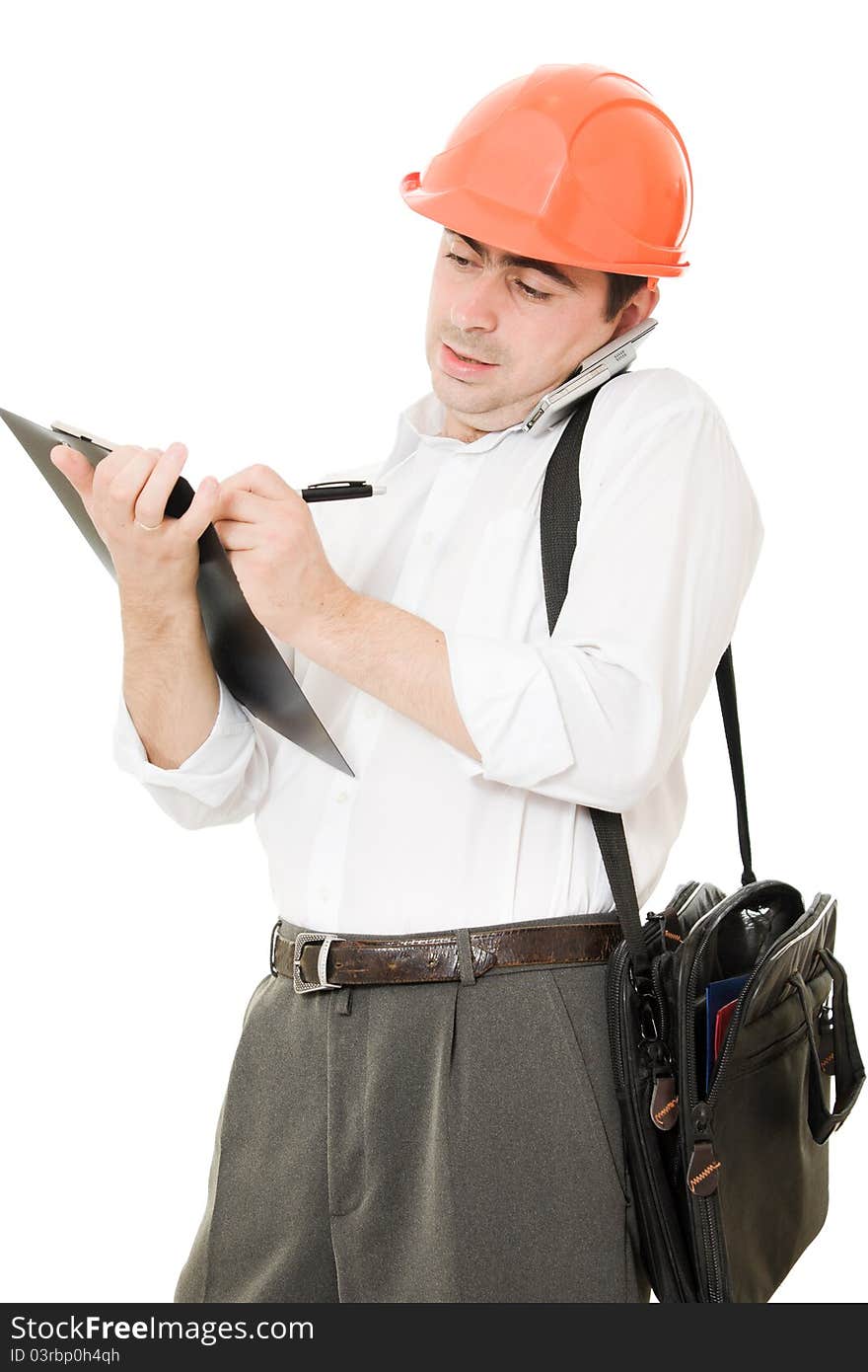 Busy businessman in his helmet on a white background.