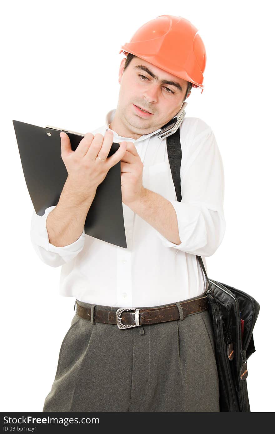 Busy businessman in his helmet on a white background.