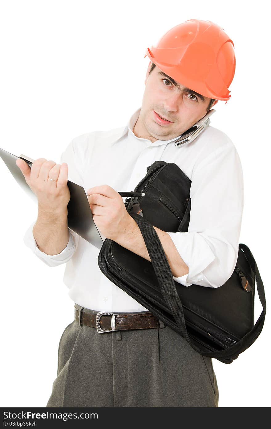 Busy businessman in his helmet on a white background.