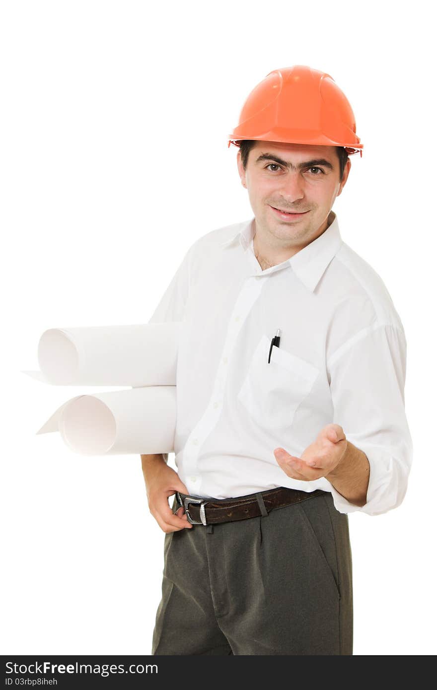 Businessman In Helmet With Drawings