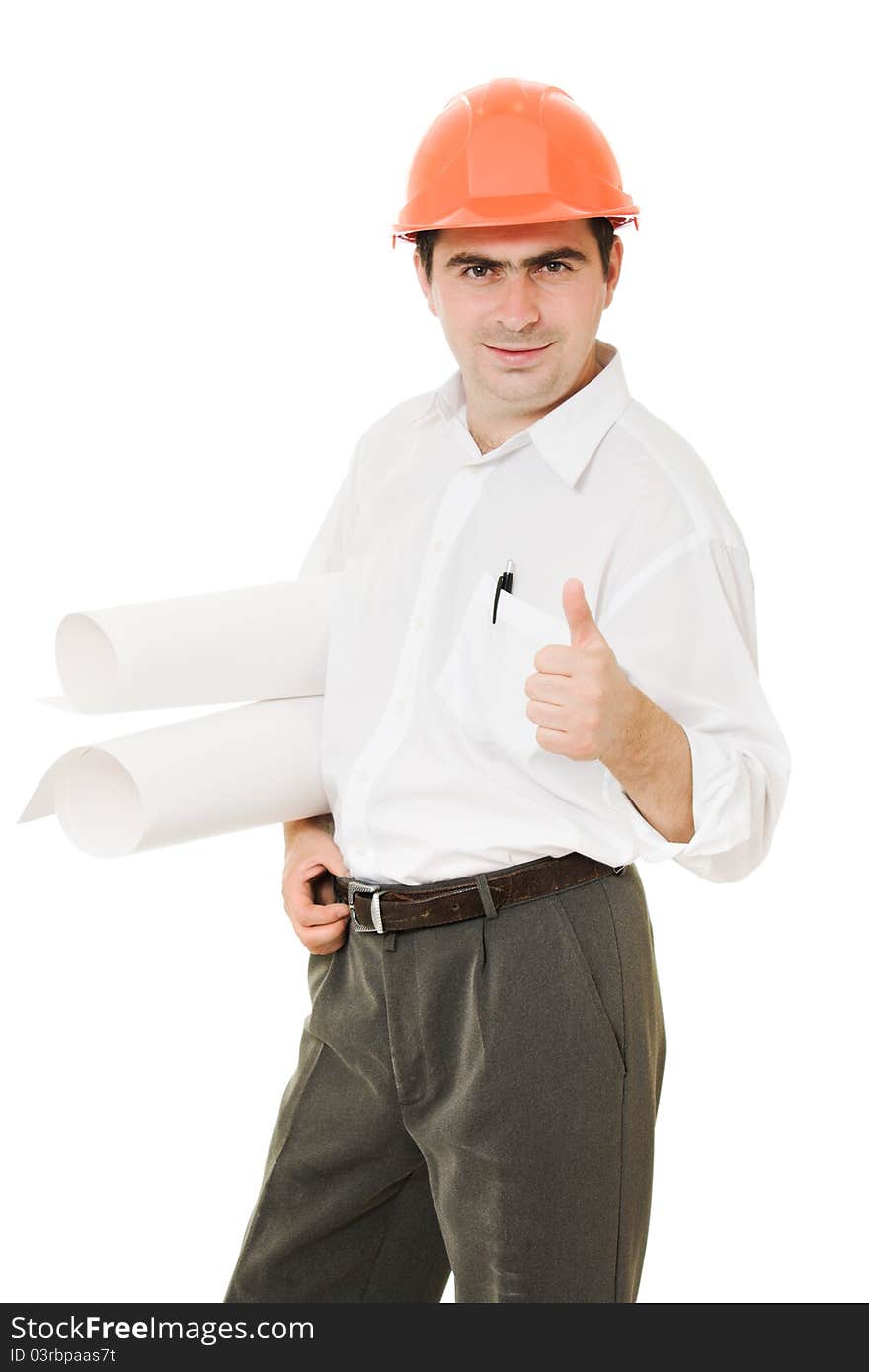 Businessman in helmet with drawings on a white background.