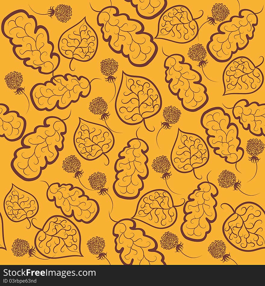 Abstract autumn background. Leaves and flowers on a yellow background. Seamless pattern.