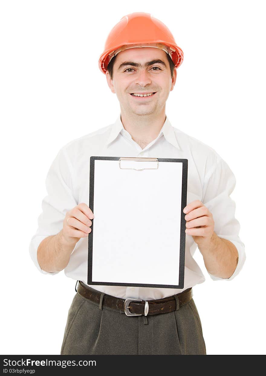 Businessman in helmet shows the blank page on a white background.