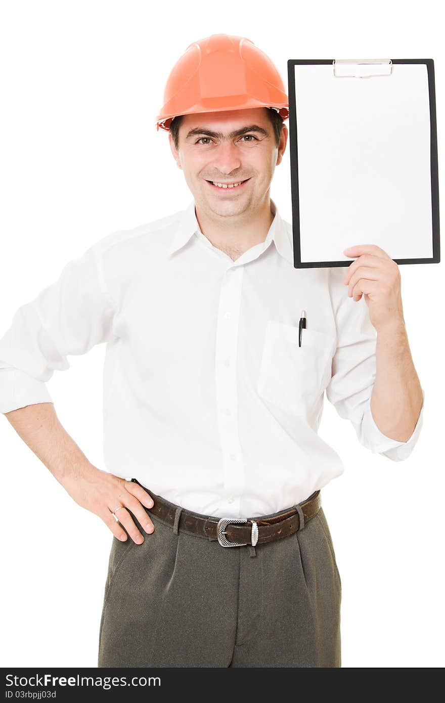 Businessman in helmet shows the blank page on a white background.