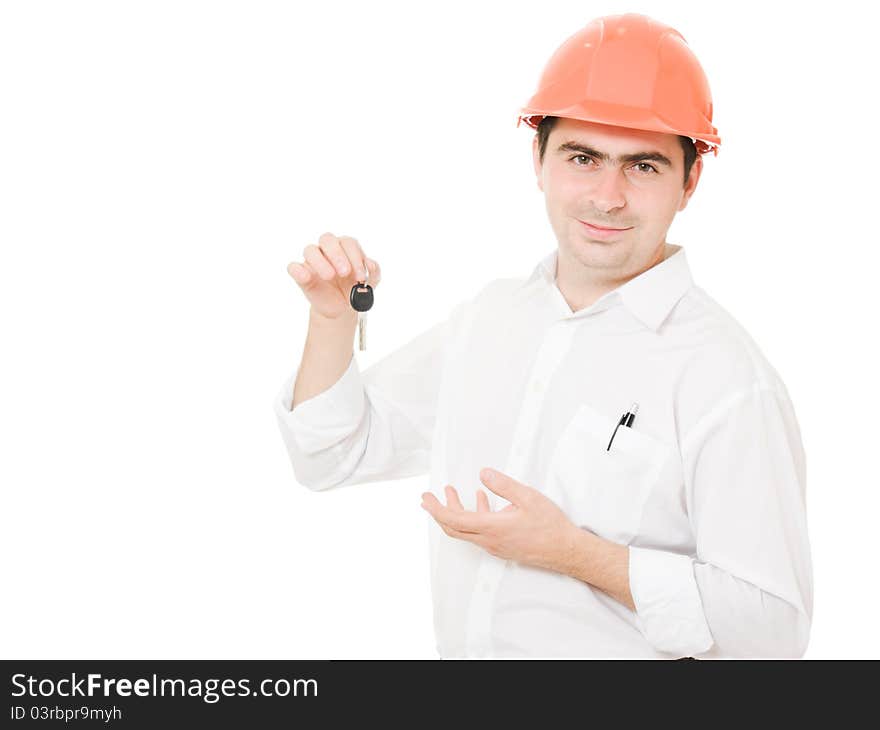 Businessman with a key in the helmet on a white background. Businessman with a key in the helmet on a white background.