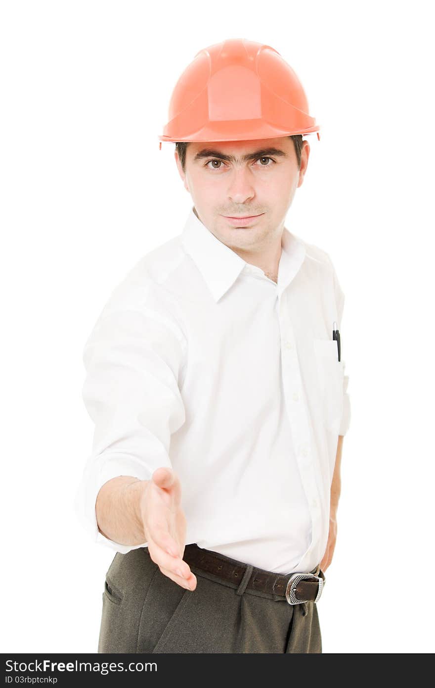 Businessman in helmet holds out his hand on a white background. Businessman in helmet holds out his hand on a white background.