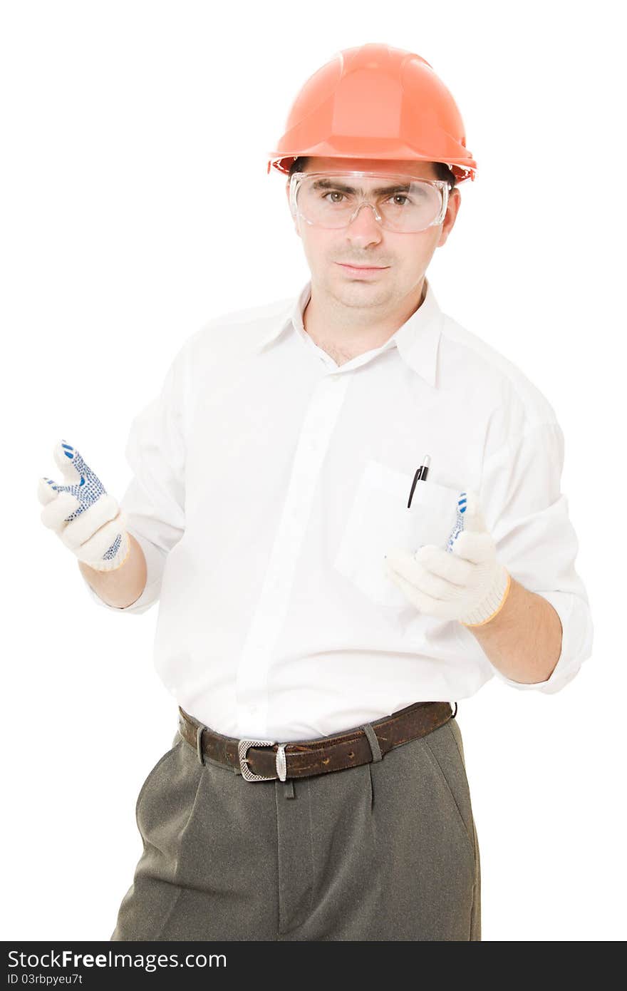 Businessman in a helmet on a white background.