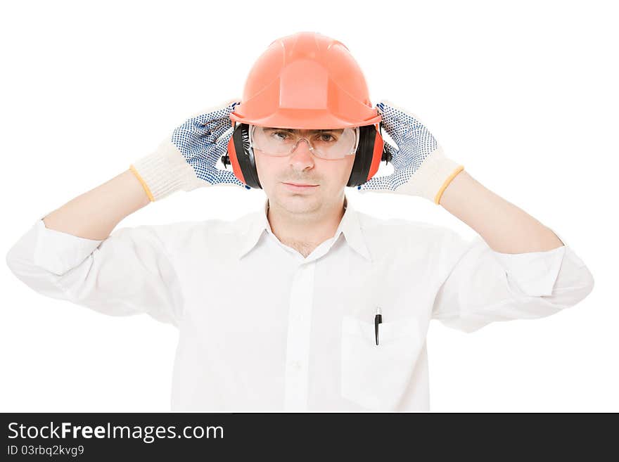 Businessman in a helmet on a white background.