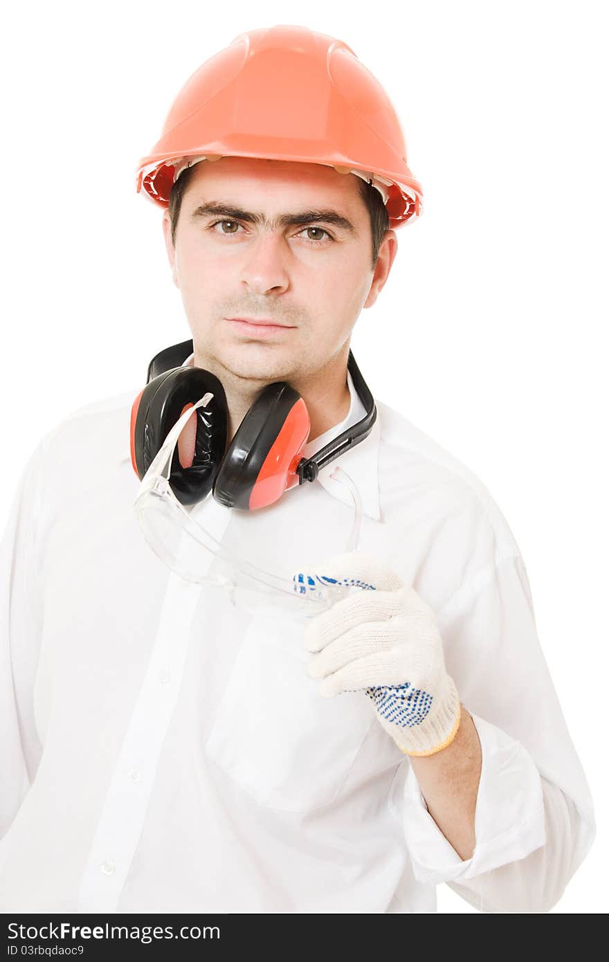 Businessman in a helmet on a white background.