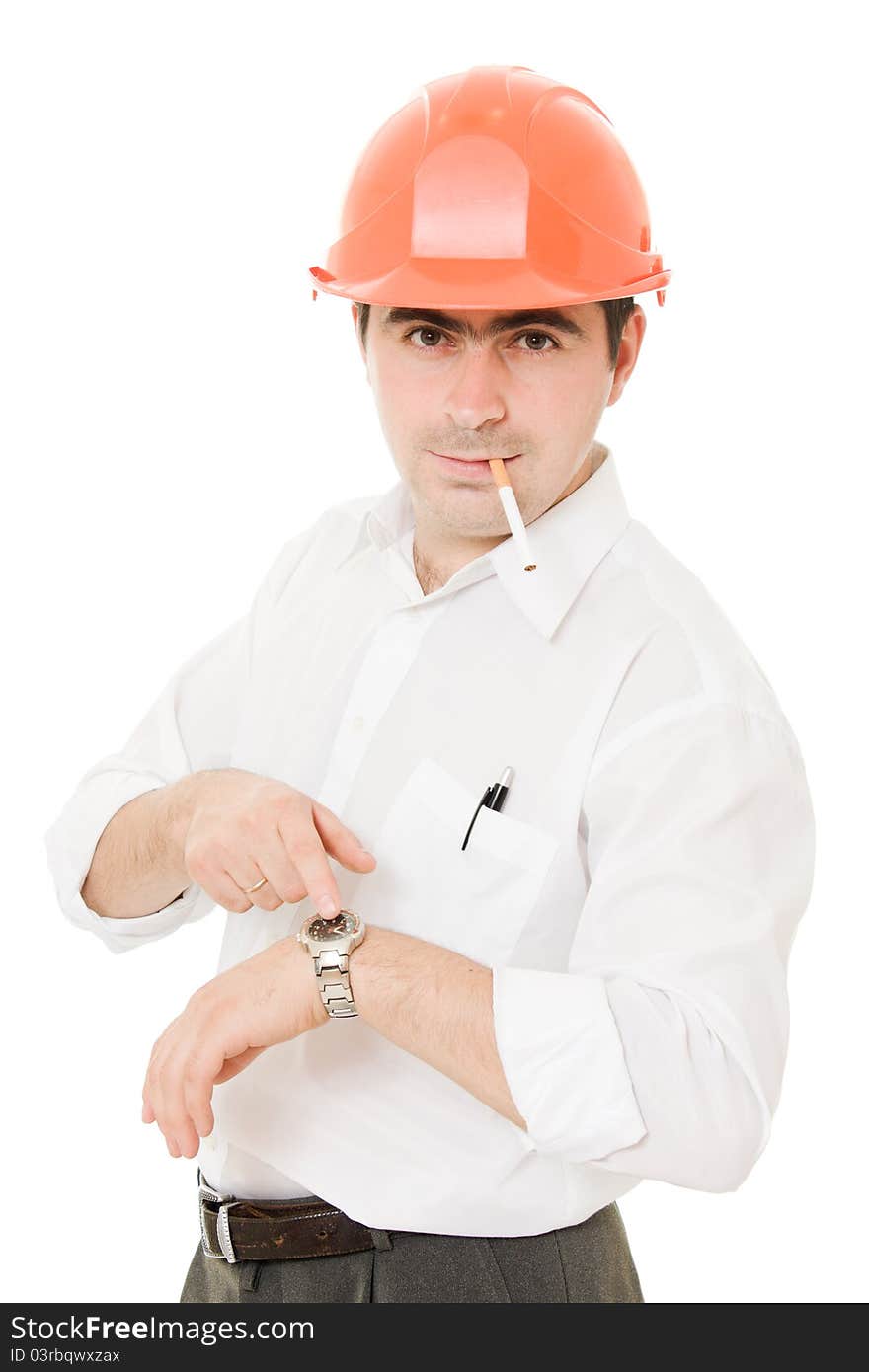 Businessman in a helmet with a cigarette on a white background. Businessman in a helmet with a cigarette on a white background.