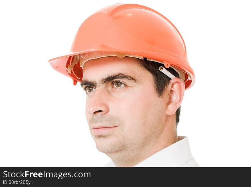 Businessman in a helmet with a cigarette on a white background. Businessman in a helmet with a cigarette on a white background.