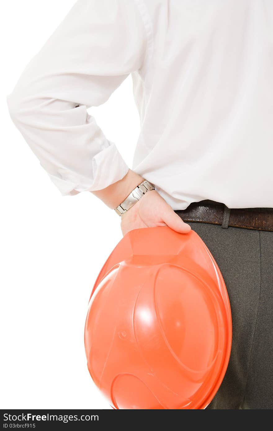 Businessman with his helmet in his hand on a white background. Businessman with his helmet in his hand on a white background.