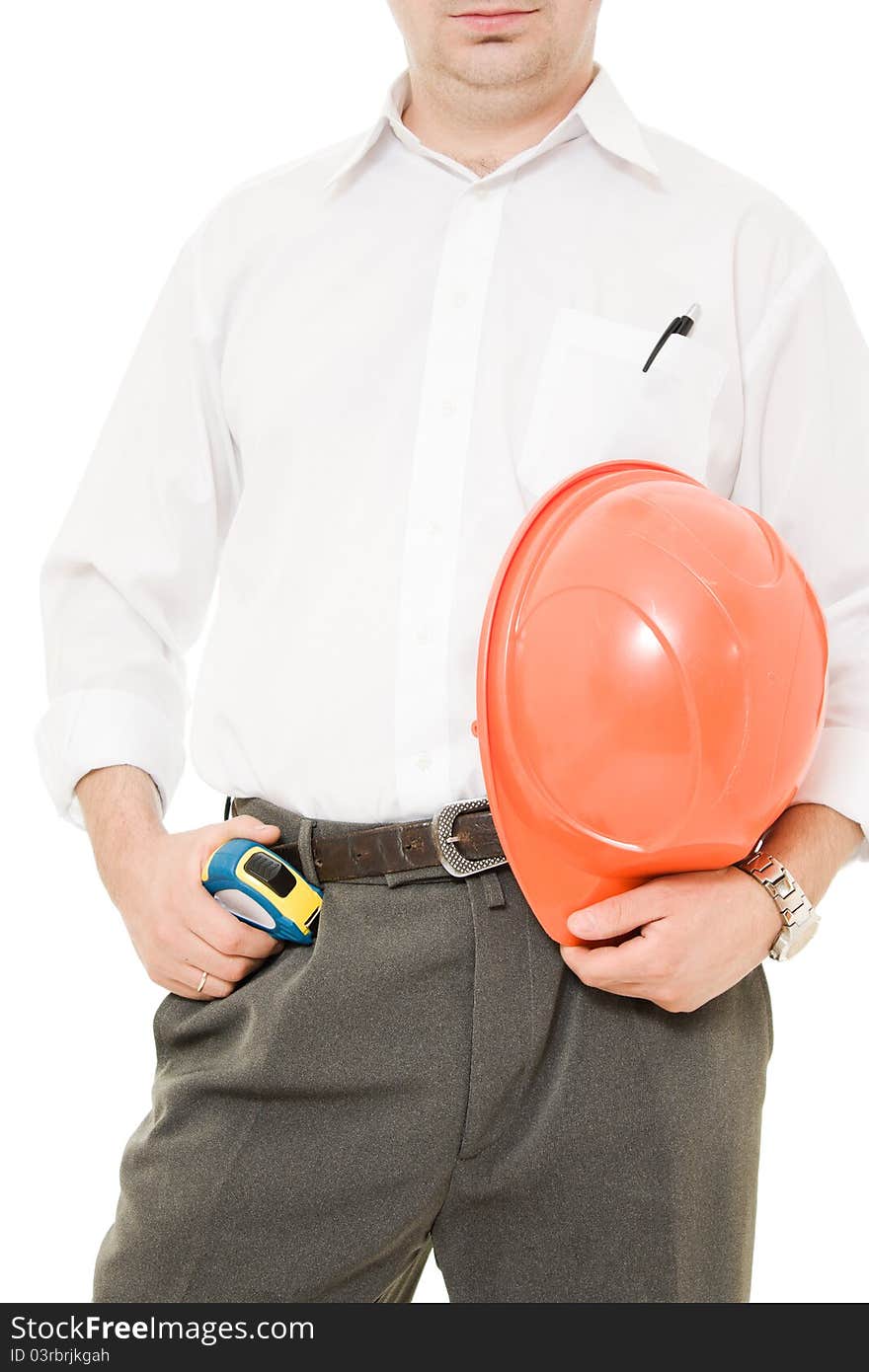 Businessman with his helmet in his hand on a white background. Businessman with his helmet in his hand on a white background.