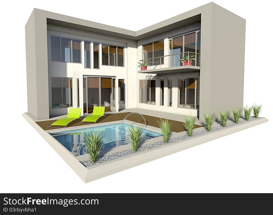 A modern double story house with large glass windows and doors as well as a wooden deck and small pool