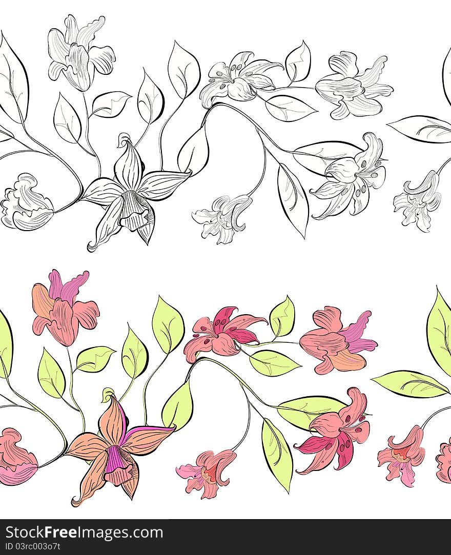 Two Decorative border with stylized flowers