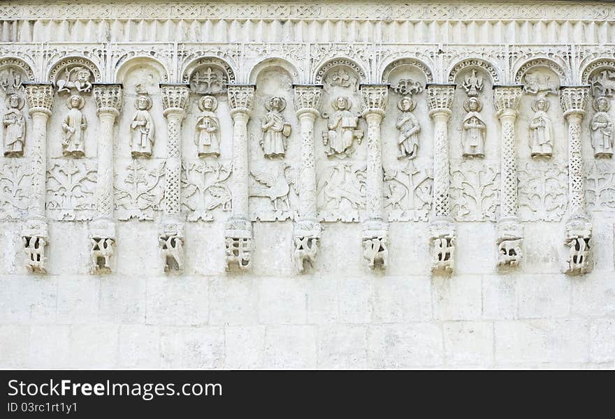 White stone carvings, ancient church, Russia