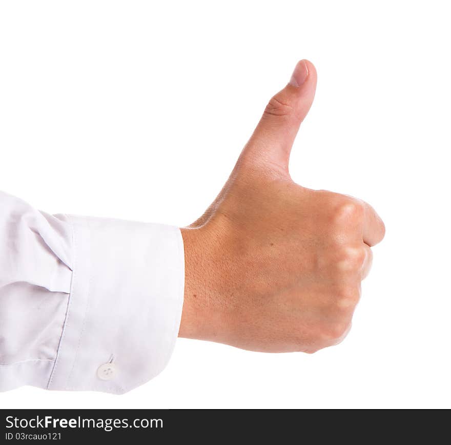 Businessman's hand with thumb up on white