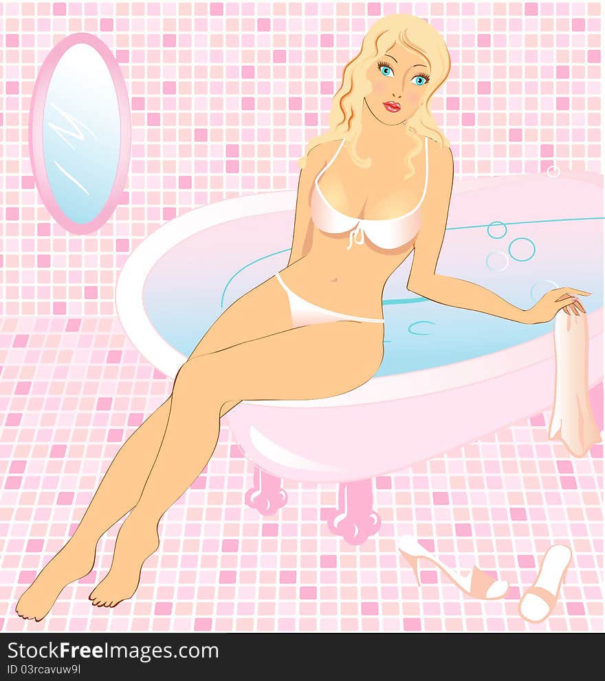 Pretty blond girl in bikini is sitting on the bath. Pretty blond girl in bikini is sitting on the bath