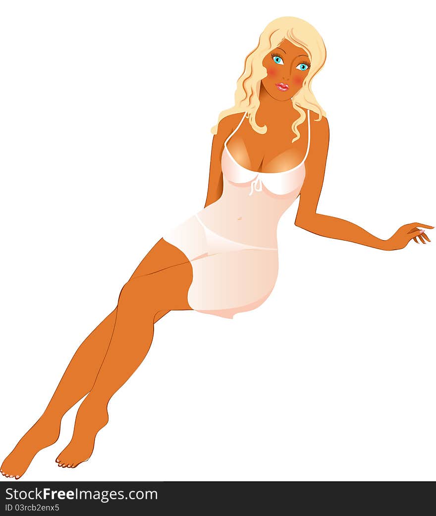 Suntanned blond girl in a night dress is siting