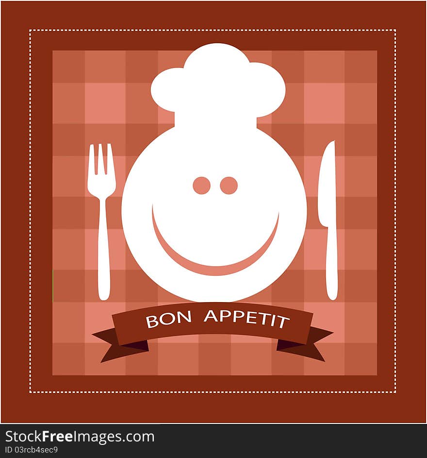 Happy smiley face with fork and knife , vector illustration