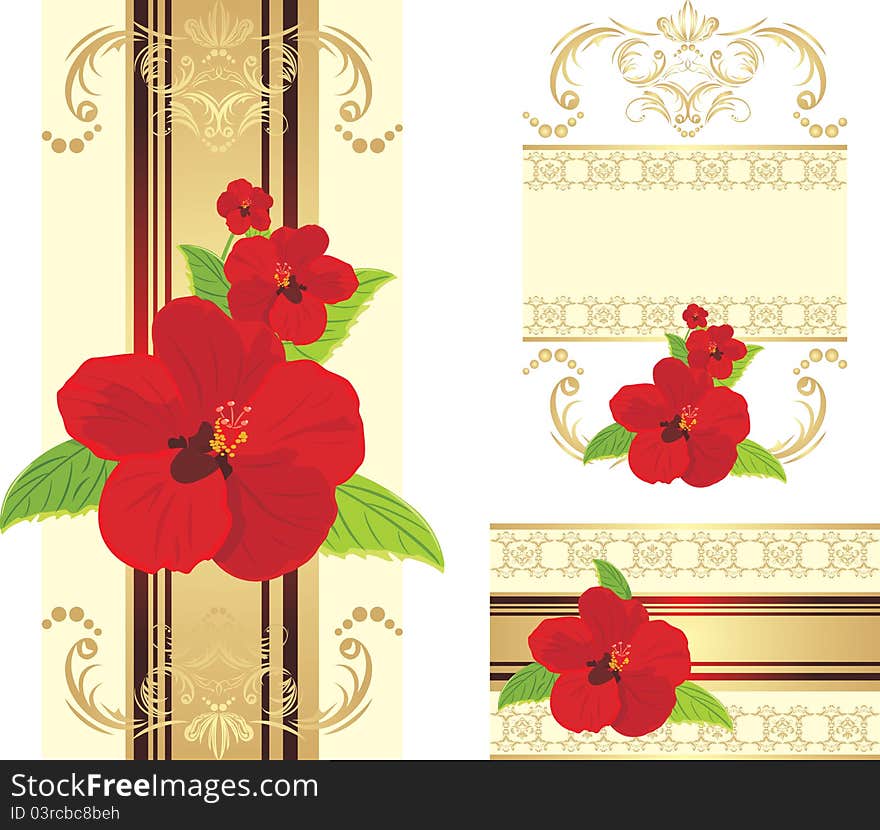 Red flowers on the decorative ribbon with ornament. Set for design. Illustration