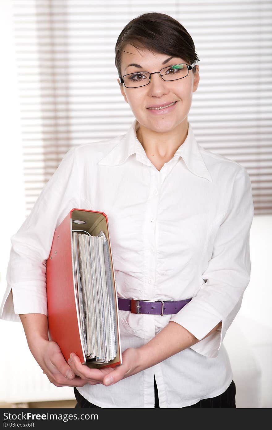 Young adult businesswoman on white background