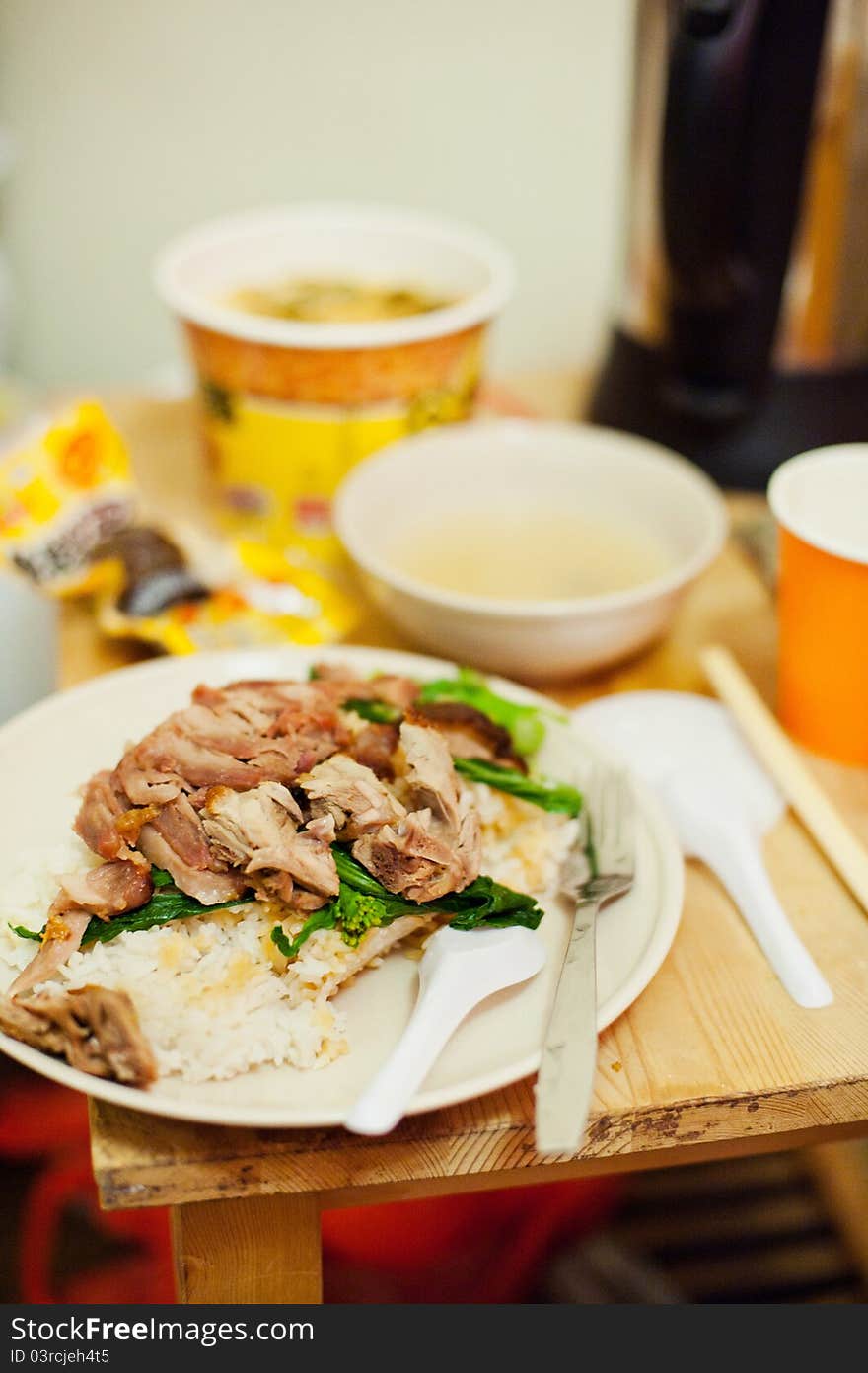 A budget dinner with duck rice and cup noodle. A budget dinner with duck rice and cup noodle