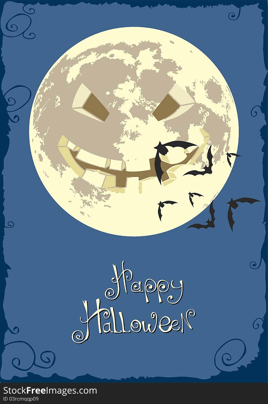 Vector Halloween postcard with smiling moon. Vector Halloween postcard with smiling moon